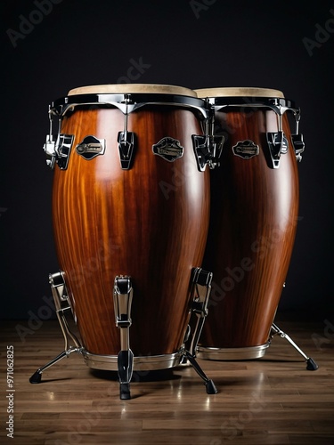 Finished conga drums with polished heads. 32k UHD.