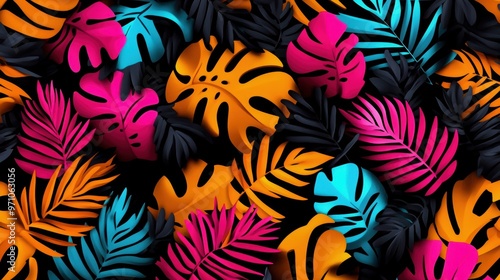 Vibrant tropical leaves in bold colors of pink, blue, and orange create a stunning visual contrast against a dark background.