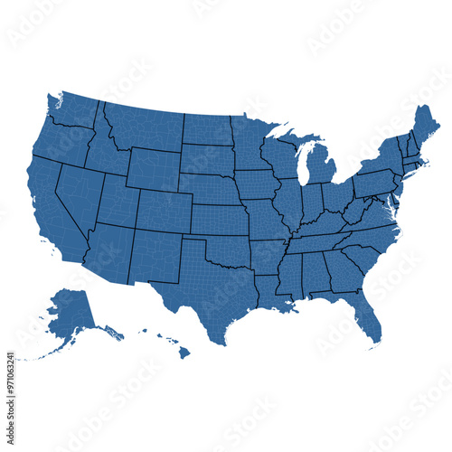 Vector outline map of United States of America divided into states and counties