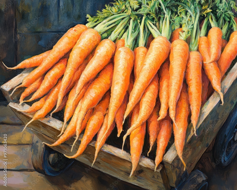 Oil painting depicting a high angle view of vibrant organic carrot bunches in a wheelbarrow showcasing their fresh and natural appearance Oil painting depicting a high angle view of vibrant organic carrot bunches in a wheelbarrow showcasing their fresh and natural appearance