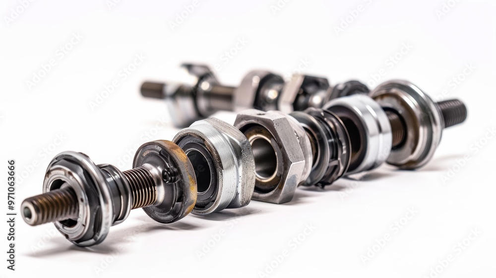 Disassembled bicycle bottom bracket components lying on white background