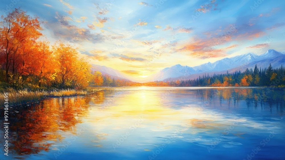 Fototapeta premium Oil painting depicting a stunning evening panorama of a tranquil lake showcasing a picturesque autumn sunset in the alpine landscape Captivating beauty of nature concept