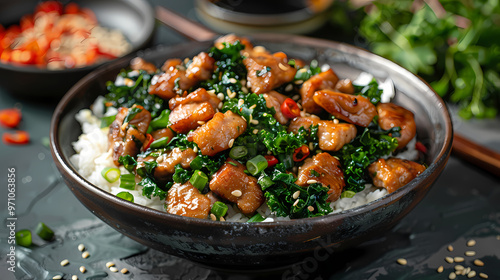 Stir-fried kale vegetable with crispy pork Add fried garlicFaint smoke