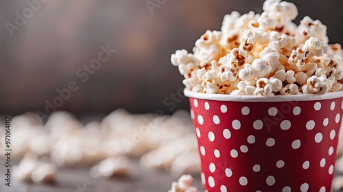 This image features a red polka-dotted container full of popcorn, with additional pieces scattered on a wooden table, evoking a playful and inviting atmosphere perfect for a movie night. photo