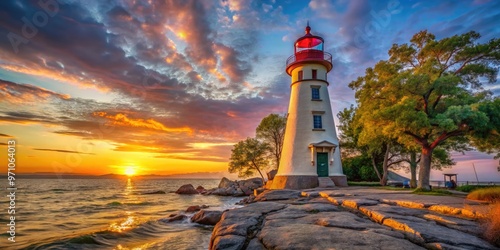 Historic Marblehead Lighthouse stands tall on Lake Erie's rocky shoreline in Marblehead, Ohio, its majestic tower and lantern room gleaming in the sunset light. photo