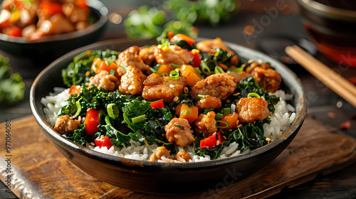 Stir-fried kale vegetable with crispy pork Add fried garlicFaint smoke