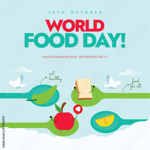 World Food Day 16h October conceptual banner. Food day banner with spoons having different fruits, vegetables, bread icons. The day promote global awareness, action for those who suffer from hunger.