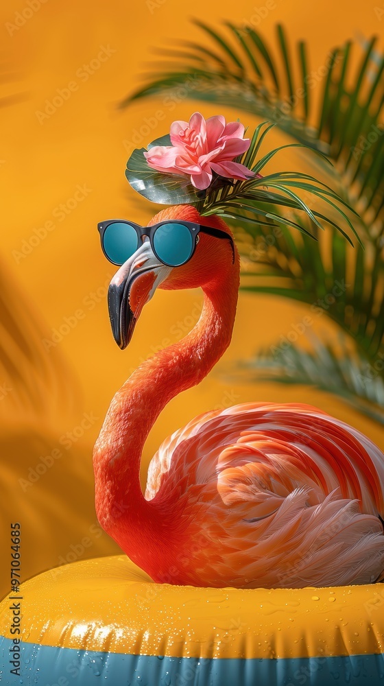 Obraz premium flat of a cute flamingo wearing sunglasses and a palm leaf hat, sitting on an inflatable ring against a yellow background.