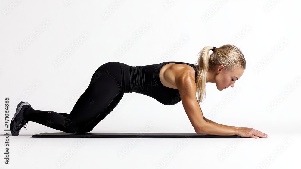 A fit woman performs an exercise on a mat, focusing on strength and balance in an isolated studio setup. A fit woman performs an exercise on a mat, focusing on strength and balance in an isolated studio setup.