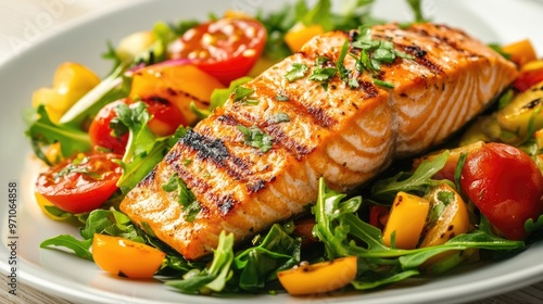 A perfectly grilled salmon fillet paired with a colorful salad of fresh vegetables, offering a healthy and appetizing meal.