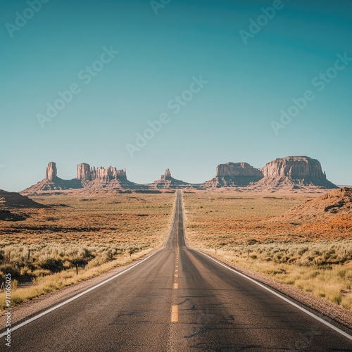 A long road stretches into the distance, leading to stunning rock formations under a clear blue sky.