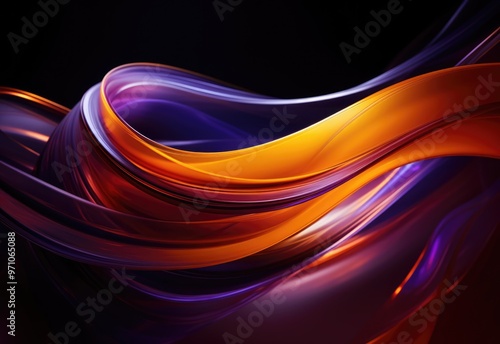 Abstact background and texture. Flowing waves of orange and purple light on black