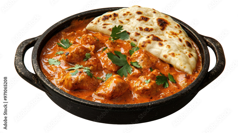 A dish of chicken tikka masala with naan bread on transparent background A dish of chicken tikka masala with naan bread on transparent background