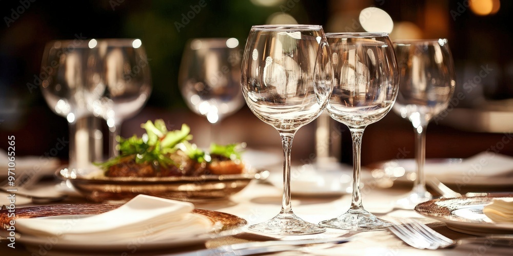 A beautifully set table in an elegant restaurant with crystal-clear wine glasses, soft ambient lighting, and a luxurious atmosphere, perfect for showcasing fine dining, hospitality, or event-related d A beautifully set table in an elegant restaurant with crystal-clear wine glasses, soft ambient lighting, and a luxurious atmosphere, perfect for showcasing fine dining, hospitality, or event-related d