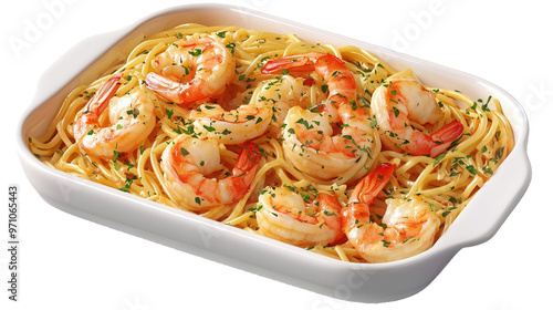 A dish of shrimp linguine with garlic sauce on transparent background