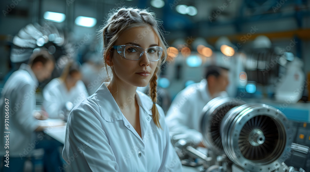 Female Engineer in Lab Coat Working in a Factory - Realistic Image Female Engineer in Lab Coat Working in a Factory - Realistic Image