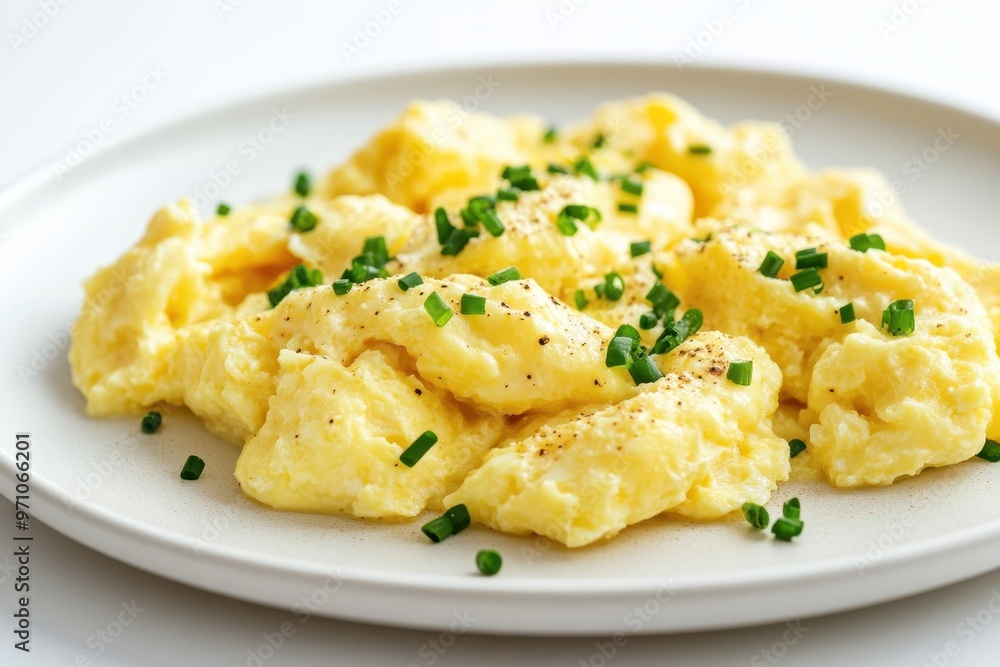 A plate of creamy scrambled eggs garnished with chopped chives and black pepper. A plate of creamy scrambled eggs garnished with chopped chives and black pepper.