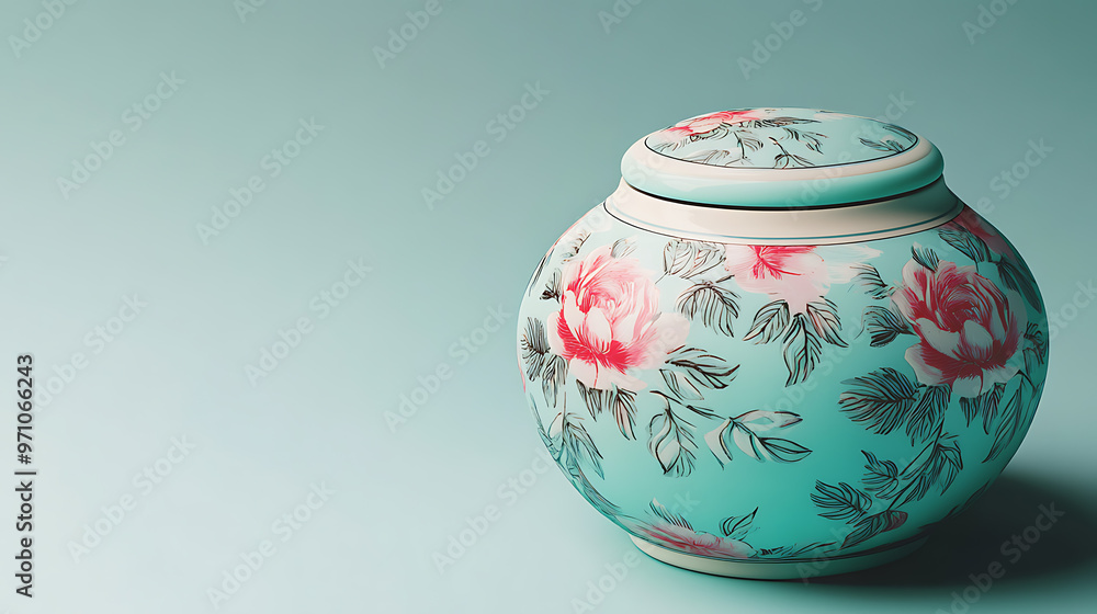 A beautiful floral patterned ceramic jar with a lid sits on a light blue background. A beautiful floral patterned ceramic jar with a lid sits on a light blue background.