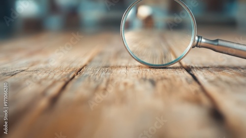 A close-up view of a magnifying glass placed on a rustic wooden surface, with the background intentionally blurred to focus on the central object and texture of the wood. photo