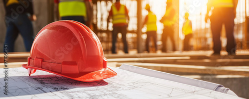 A red hard hat rests on construction blueprints, symbolizing safety and planning in bustling construction site. Workers in safety vests are visible in background, emphasizing teamwork and diligence photo