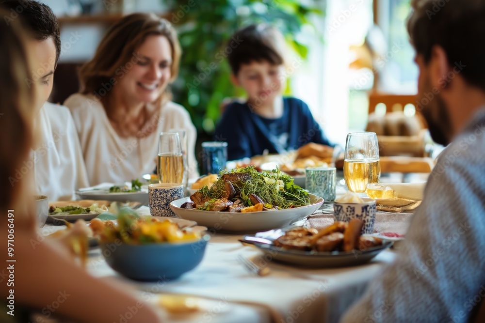 A family is sitting around a table with a large salad in the middle. They are all smiling and enjoying their meal together A family is sitting around a table with a large salad in the middle. They are all smiling and enjoying their meal together