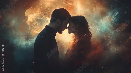 A man and woman in love, their faces touching as they stand facing each other with the backdrop of an ethereal nebula