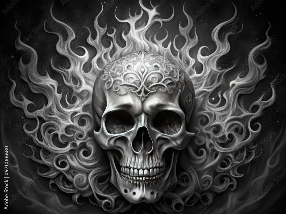 Intricate black and white ink design featuring a flame-engulfed skull with piercing eyes, adorned with ornate details and subtle shading, exuding edgy sophistication. Intricate black and white ink design featuring a flame-engulfed skull with piercing eyes, adorned with ornate details and subtle shading, exuding edgy sophistication.