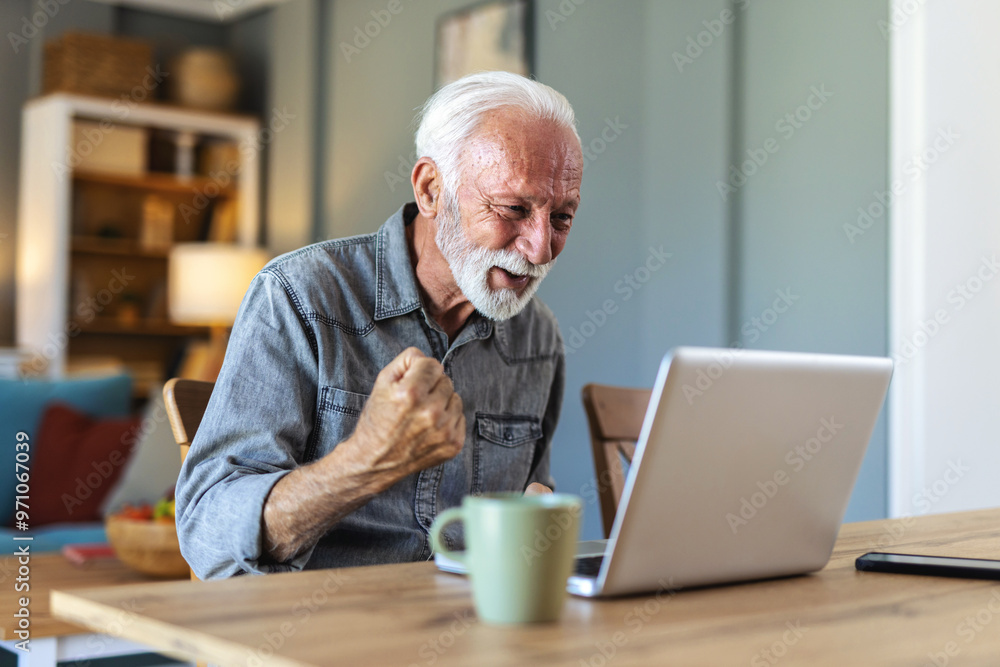 Yes, winner or senior man on laptop for trading deal success, stock market or retirement loan growth in the living room. Winning, smile or happy elderly for marketing, business or target achievement. Yes, winner or senior man on laptop for trading deal success, stock market or retirement loan growth in the living room. Winning, smile or happy elderly for marketing, business or target achievement.