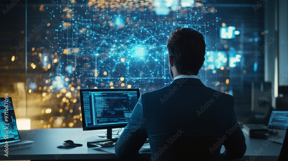 A businessman is working in his office, interacting with a digital network on a screen. A businessman is working in his office, interacting with a digital network on a screen.