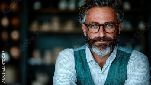 A bearded man wearing a vest and glasses is seated, conveying a calm and intellectual aura, against a blurred background that enhances his thoughtful expression.