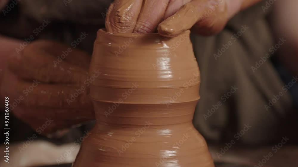 Closeup of Potters Hands Shaping Clay on Pottery Wheel, demonstrating craftsmanship and artistry Closeup of Potters Hands Shaping Clay on Pottery Wheel, demonstrating craftsmanship and artistry