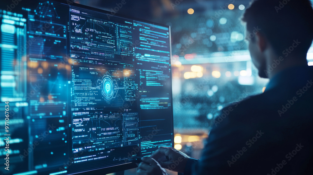 A businessman is working on a computer screen with an artificial intelligence program. The background is blurry. A businessman is working on a computer screen with an artificial intelligence program. The background is blurry.