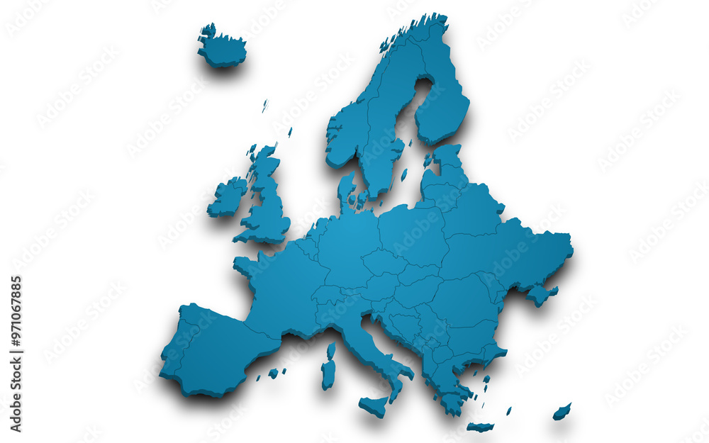 Obraz premium 3d render map of Europe all Country with borders and regions, Europe continent administrative map with color on white background. EU, European countries map