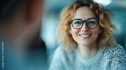 A woman with curly hair, wearing glasses and a cozy sweater, sits indoors with a bright smile, radiating a sense of positivity and friendliness.