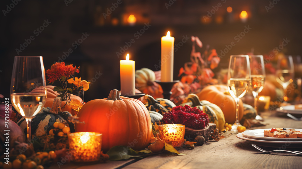 A beautifully decorated Thanksgiving table featuring pumpkins, candles, and autumn decor, creating a warm and cozy holiday atmosphere. A beautifully decorated Thanksgiving table featuring pumpkins, candles, and autumn decor, creating a warm and cozy holiday atmosphere.