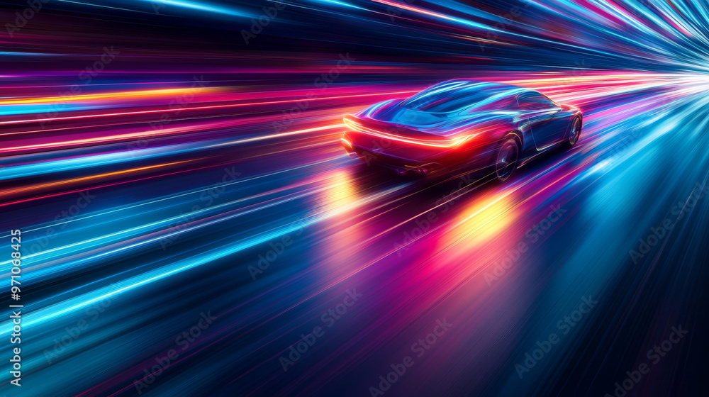 A car speeds through the night, its headlights cutting through the darkness. The streaks of light from the car's headlights create a blur of colors against the black asphalt. A car speeds through the night, its headlights cutting through the darkness. The streaks of light from the car's headlights create a blur of colors against the black asphalt.