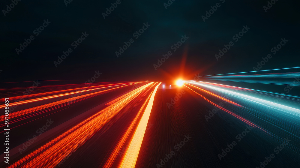 A car zooms down a dark road at night. The headlights cut through the darkness, and the road markings blur into streaks of color. A car zooms down a dark road at night. The headlights cut through the darkness, and the road markings blur into streaks of color.
