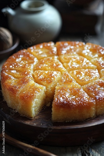 Bika Ambon: Sweet, soft, and spongy cake made from tapioca and coconut milk, a specialty from Medan. photo