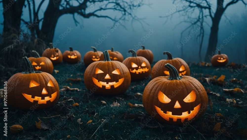 Halloween pumpkins with a foggy blue background Halloween pumpkins with a foggy blue background