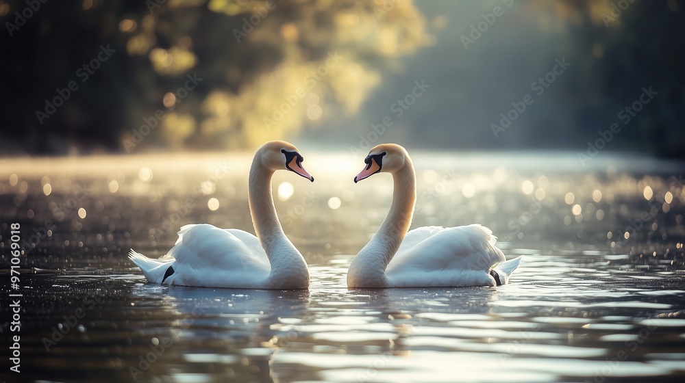 Two swans on the lake, one head raised to face each other Two swans on the lake, one head raised to face each other