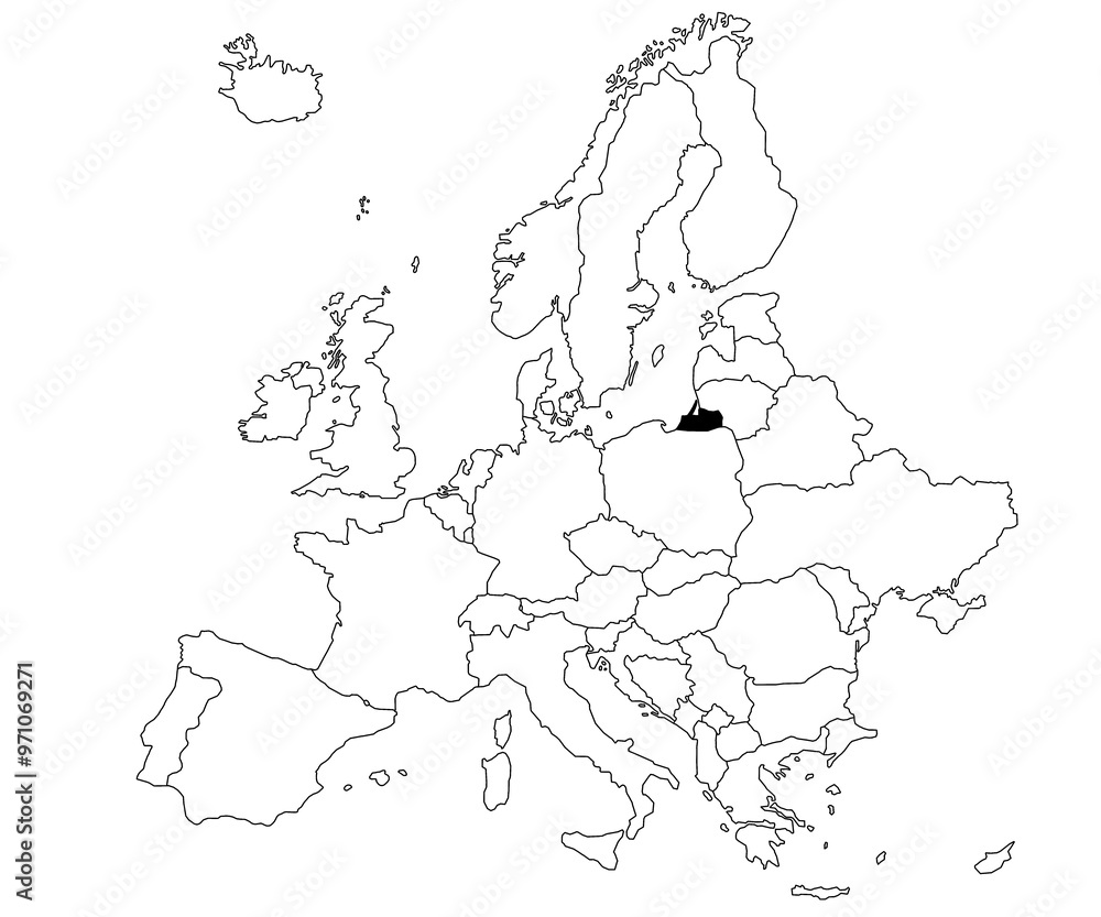 Obraz premium Map of kaliningrad city, Russia Country in Europe continent on white background. single Country map highlighted by black colour on Europe map. European Continent, EU