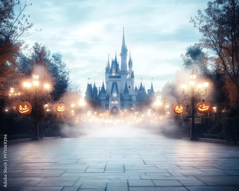 Fototapeta premium Spooky Halloween carnival in front of a castle glowing lanterns and fog