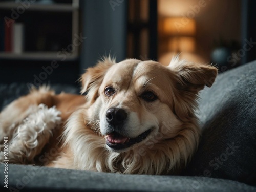 Happy senior dog resting at home.