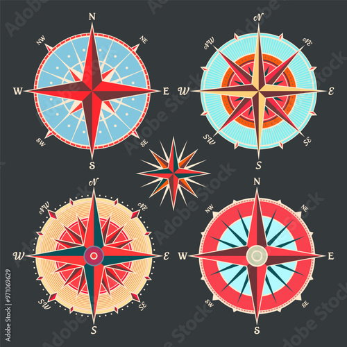 Vintage marine wind rose, nautical chart. Colorful navigational compass with cardinal directions of North, East, South, West. Geographical position, cartography and navigation. Vector illustration