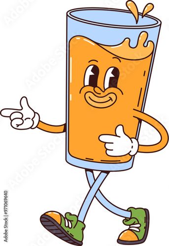 Glass of orange juice retro groovy breakfast character with playful expression, pointing with hands and splashing. Fresh fruit drink, fun and lively cartoon beverage personage wears green sneakers