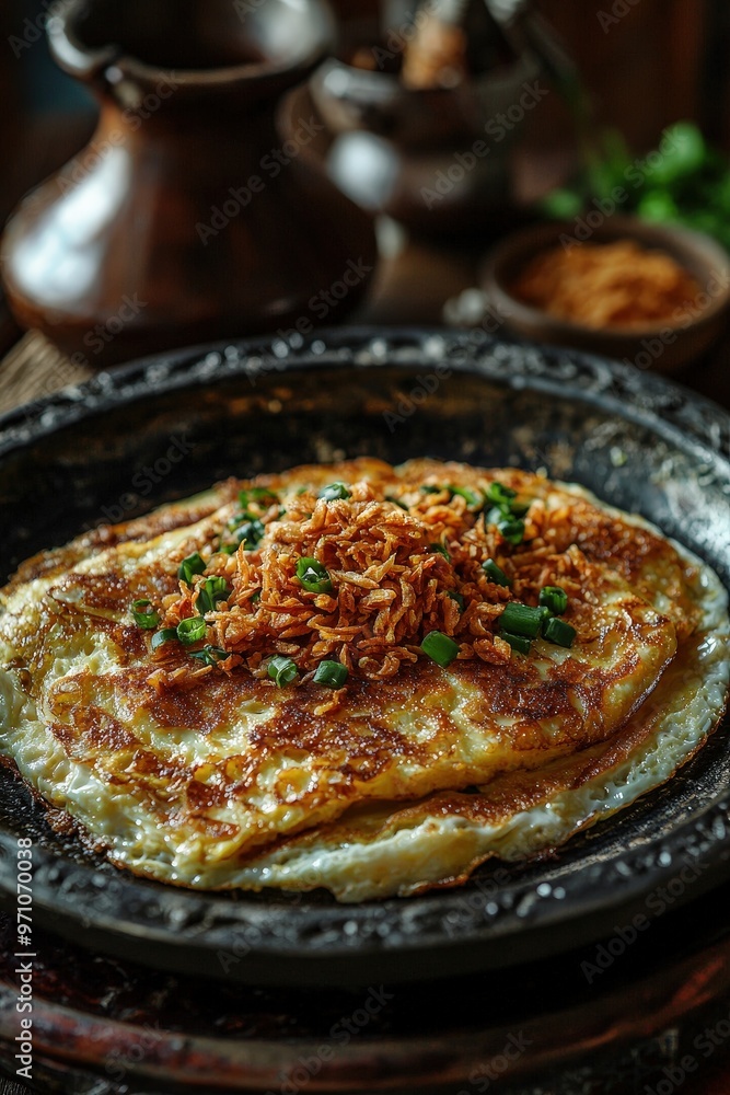 Kerak Telor: Betawi-style crispy omelet made from glutinous rice, eggs, and fried shallots. Kerak Telor: Betawi-style crispy omelet made from glutinous rice, eggs, and fried shallots.