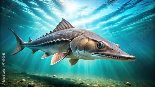 Large prehistoric-looking sturgeon fish with greyish-brown armor-plated scales and long snout swims slowly in clear blue water, its ancient eyes gazing upwards calmly. photo