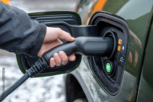 Close-up of an electric car being charged, showcasing sustainable green energy and modern electric vehicle technology.