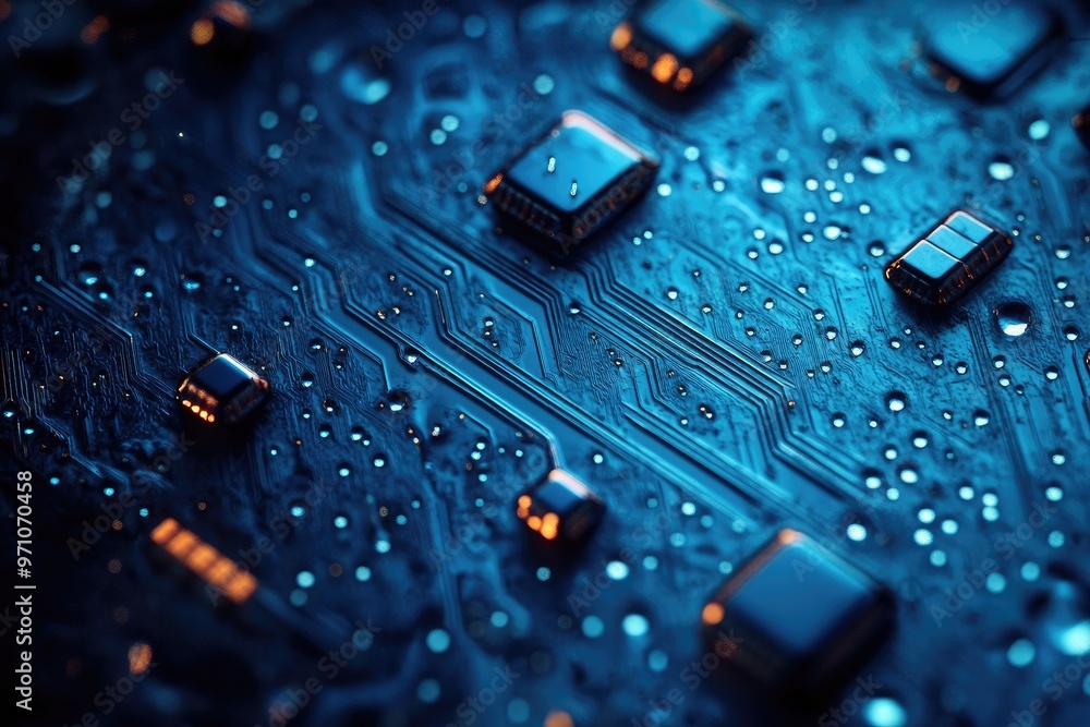Close-up of a circuit board with droplets, showcasing intricate details and a blue lighting effect for technology themes. Close-up of a circuit board with droplets, showcasing intricate details and a blue lighting effect for technology themes.
