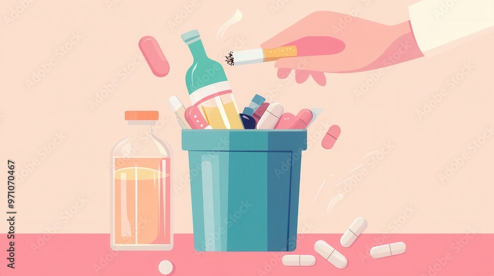 A vector graphic showing a hand placing a cigarette, alcohol bottle, and drug pills into a trash can A vector graphic showing a hand placing a cigarette, alcohol bottle, and drug pills into a trash can